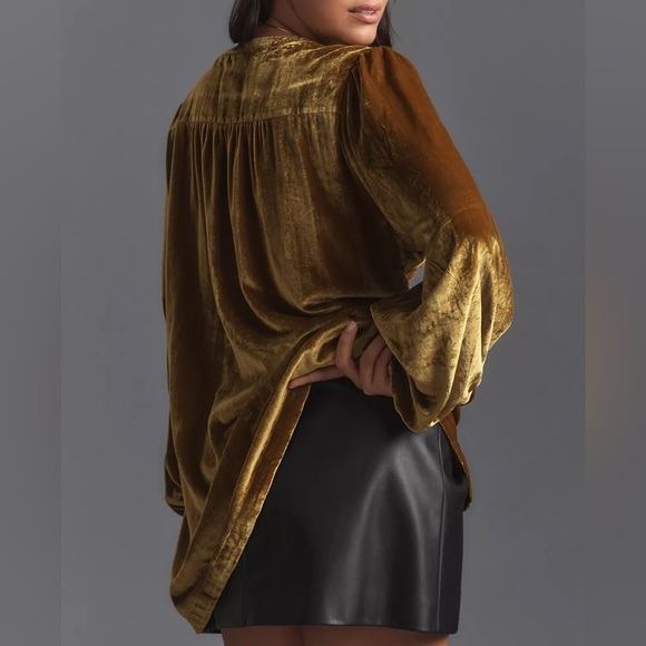 By Anthropologie Long Sleeve Velvet Lace Babydoll Top Gold Boho Romantic Large - Picture 3 of 12